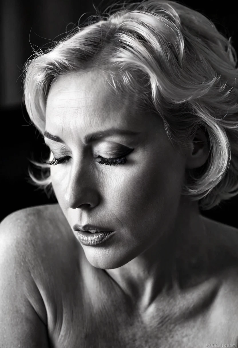 a beautiful mature woman with short blonde hair gently caressing her hair, an elegant and intellectual beauty with her mouth slightly open, her eyes closed, long eyelashes, in a state of ecstasy, sensual, the adult world, film noir, monochrome, strong shadows from side lighting, extremely detailed wrinkles on the skin, highly detailed and realistic