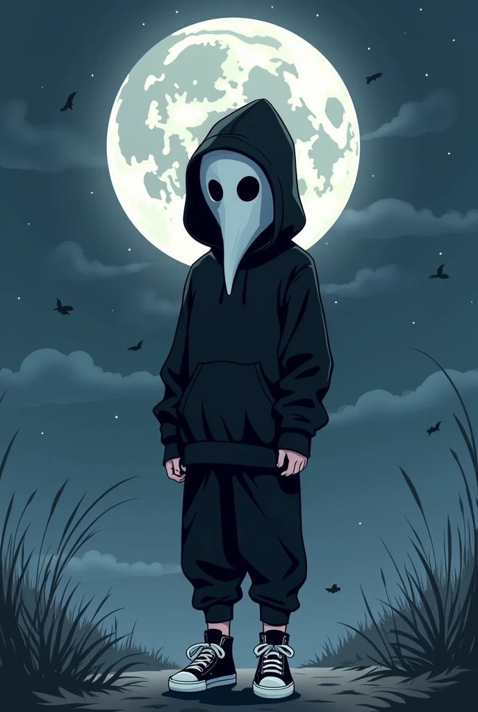I created an anime-type drawing with a boy wearing a white scp 049 mask,black pantaloon,black sweatshirt and black tennis shoes and a background with a moon