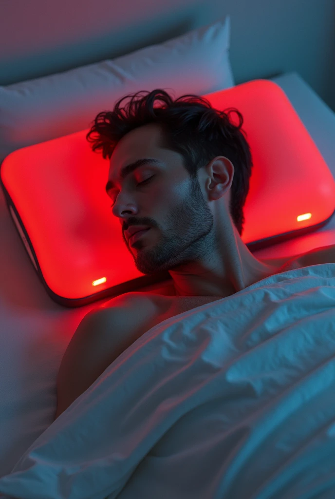 A sleeping man using futuristic pillow who record the dreams, show only pillow not machine use red color
