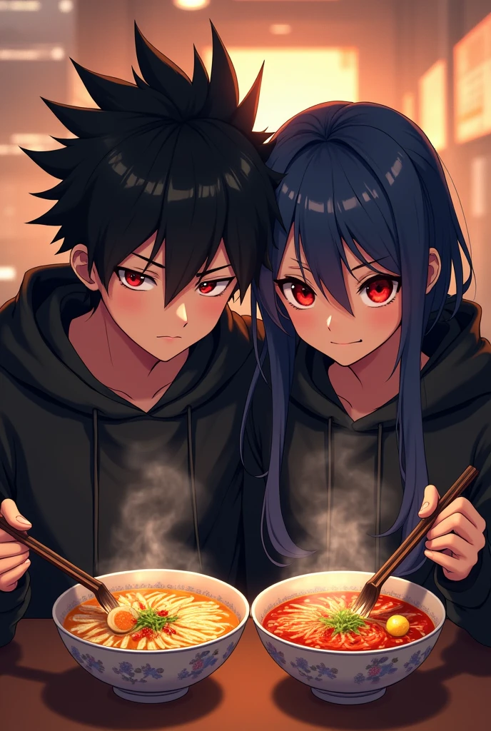A boy ((( Anime boy , Spiky hair , black hair , black hoodie , blood red eyes , narrowed eye
))) , A girl ((( Anime girl , dark blue hair , modern day mullet hair style , black hoodie , red eyes , almond eye
))) , enjoyiny ramen , siblings