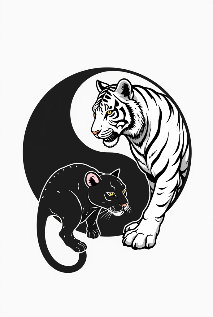 (Dessin vectoriel :1,2), le Ying et le yang, ying tigre blanc, yong panthère noire, position inversé , tatouage minimaliste