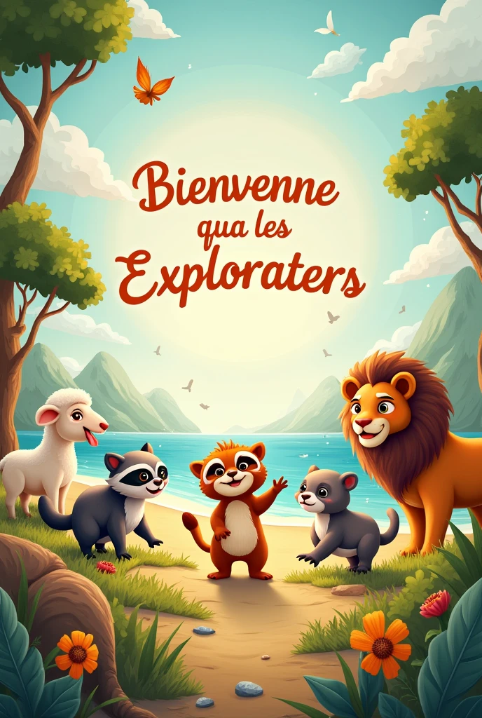 Créé une affiche en mélangeant différent animaux bébé mignon style de la ferme, forêt, savane, océan. Et écrire sur l'affiche "bienvenue chez les explorateurs"