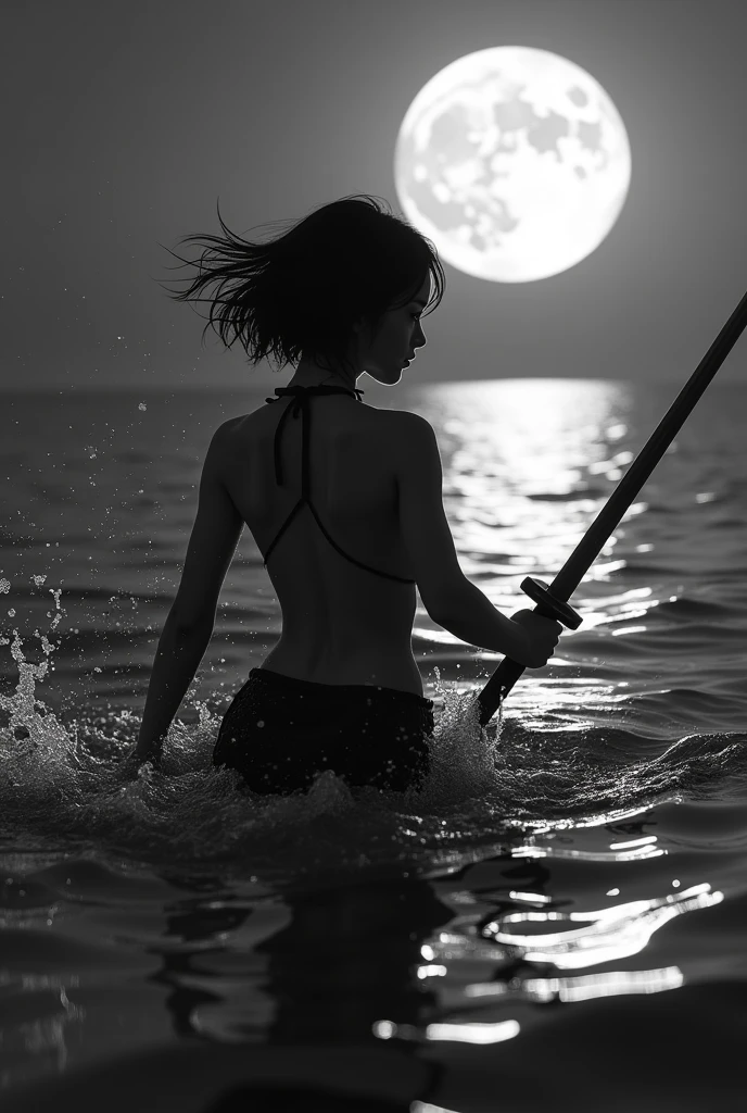 Black and White　Japanese sword　Beauty　Gal　Moonlit Night　short hair　The back is fluttering　photograph　Swimming in the sea　Bare back
