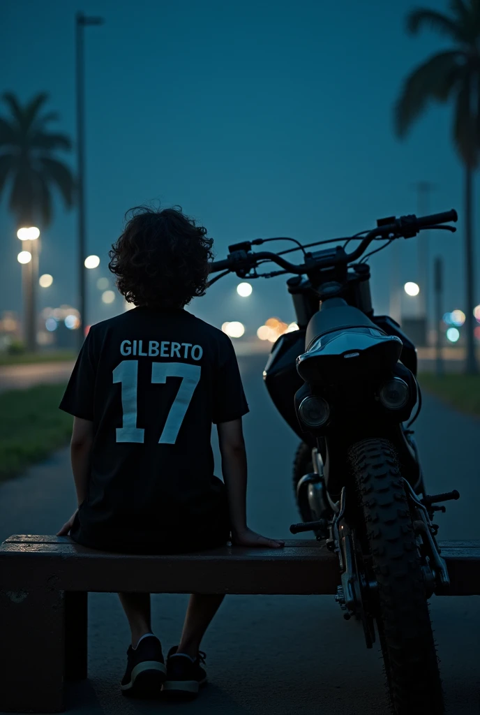 High quality photography, of an 18-year-old boy with his back to the side has an enduro motorcycle , He is sitting on a bench watching the night. He has a black shirt on., On his back he has the name Gilberto and below the number 17. He has a little long hair., colocho