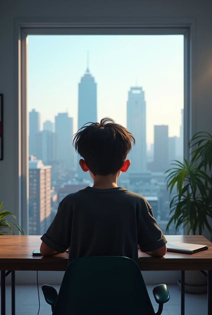 Teenage boy sitting in a youtube studio all alone  , creating a youtube video Looking forward as he speaks. And there is a window behind him  outside.The window is a city