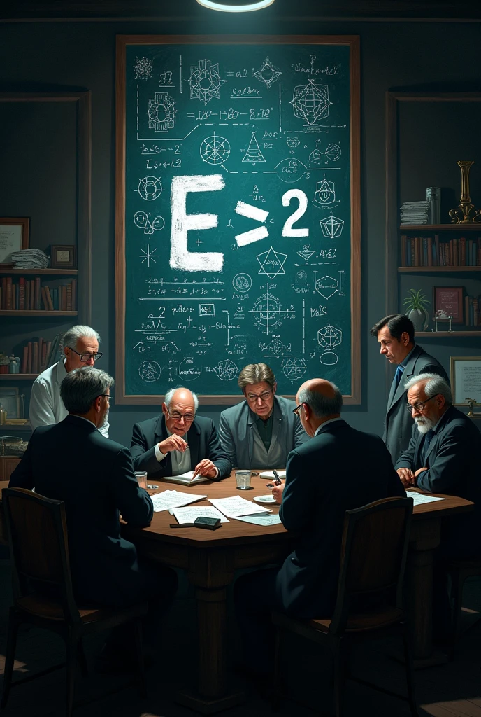 Theory of relativity E = mc2 solving on the black board by scientists add dark theme 