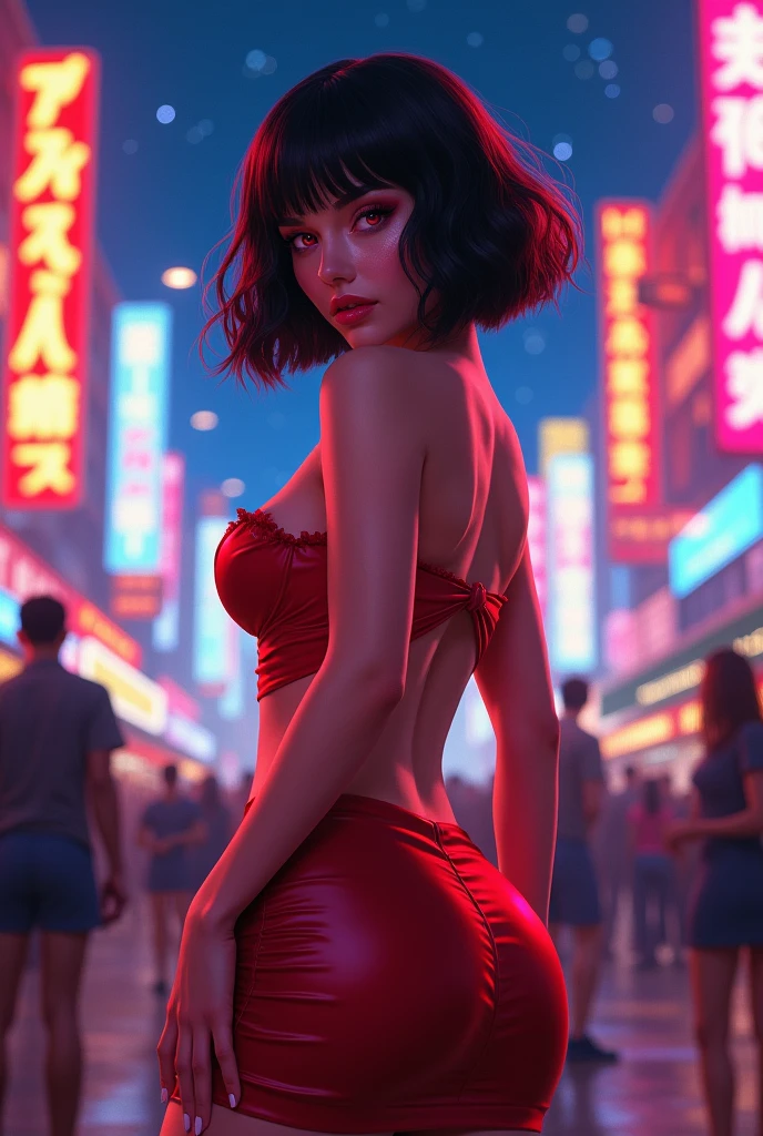 ((masterpiece)), (best quality),, Official Art, Extremely detailed CG unity 8k wallpaper, Very detailed, Glowing skin, Depth of Field, Bright colors,, 1 Girl, (Curvy beauty:0.4), (whole body:0.6),, short hair, Bangs, Red Eyes, skirt, Looking at the audience, night, street, neon, look back, Star (Sky), crowd, Upper Body,