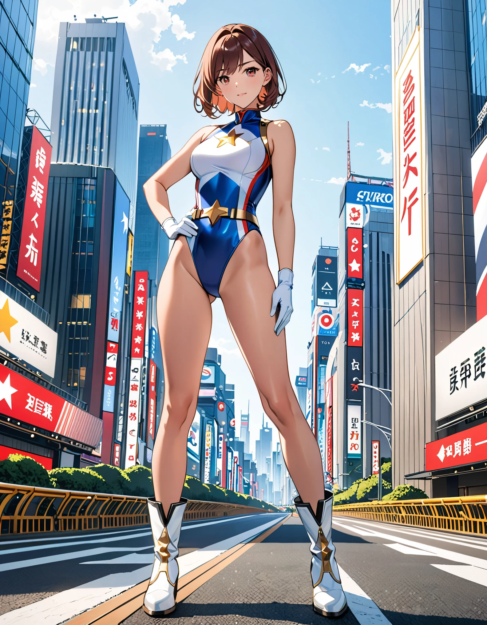 (masterpiece), (best quality), (high res), medium breasts, ((leotard, white and red leotard, matching leotard, sleeveless, bare legs)), ((tight belt, gold belt)), ((boots, matching boots, ankle-high boots, white boots)), ((gloves, white gloves)), city backdrop, tokyo city backdrop, solo, solo focus, standing, (full body), cowboy shot, superhero, ((beautiful detailed eyes)), ((gold star symbol on chest)), (brown hair, medium hair, bob hair, purple eyes), (perfect hands, perfect anatomy), cowboy shot, superhero, ((beautiful detailed eyes)), full body costume design.