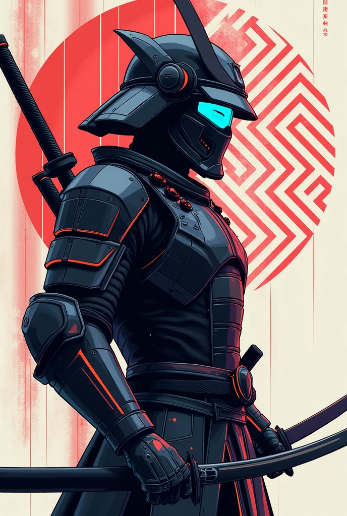 A futuristic samurai in profile, dressed in armor that mixes traditional Japanese medieval elements with hi-tech details. The helmet resembles that of a classic samurai, but with digital visor and neon reflections. The armor is made of shiny metal and technological fiber, with luminescent circuits. The samurai wields a katana that combines ancient steel and energy blades. The background is stylized, with a mix of traditional geometric patterns and cybernetic lines. The whole design is clean, monochromatic or with few contrasting colors, to be ideal on a t-shirt.