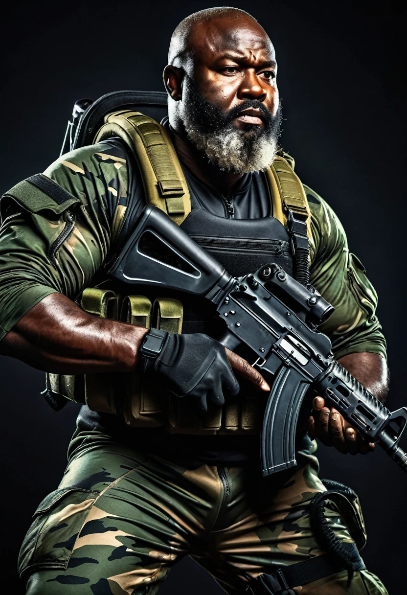 (a dark-skinned fat muscular bearded old man in a skintight army camouflage zipper diver suit) carrying an AK-47, dynamic action pose, fierce expression, showcasing an imposing stature, surrounded by military elements, dramatic shadows and intense highlights, cinematic color tones, high detail, powerful, art influenced by Bruce Onobrakpeya and Stanley Artgerm, ultra-detailed, best quality image, action-packed atmosphere.