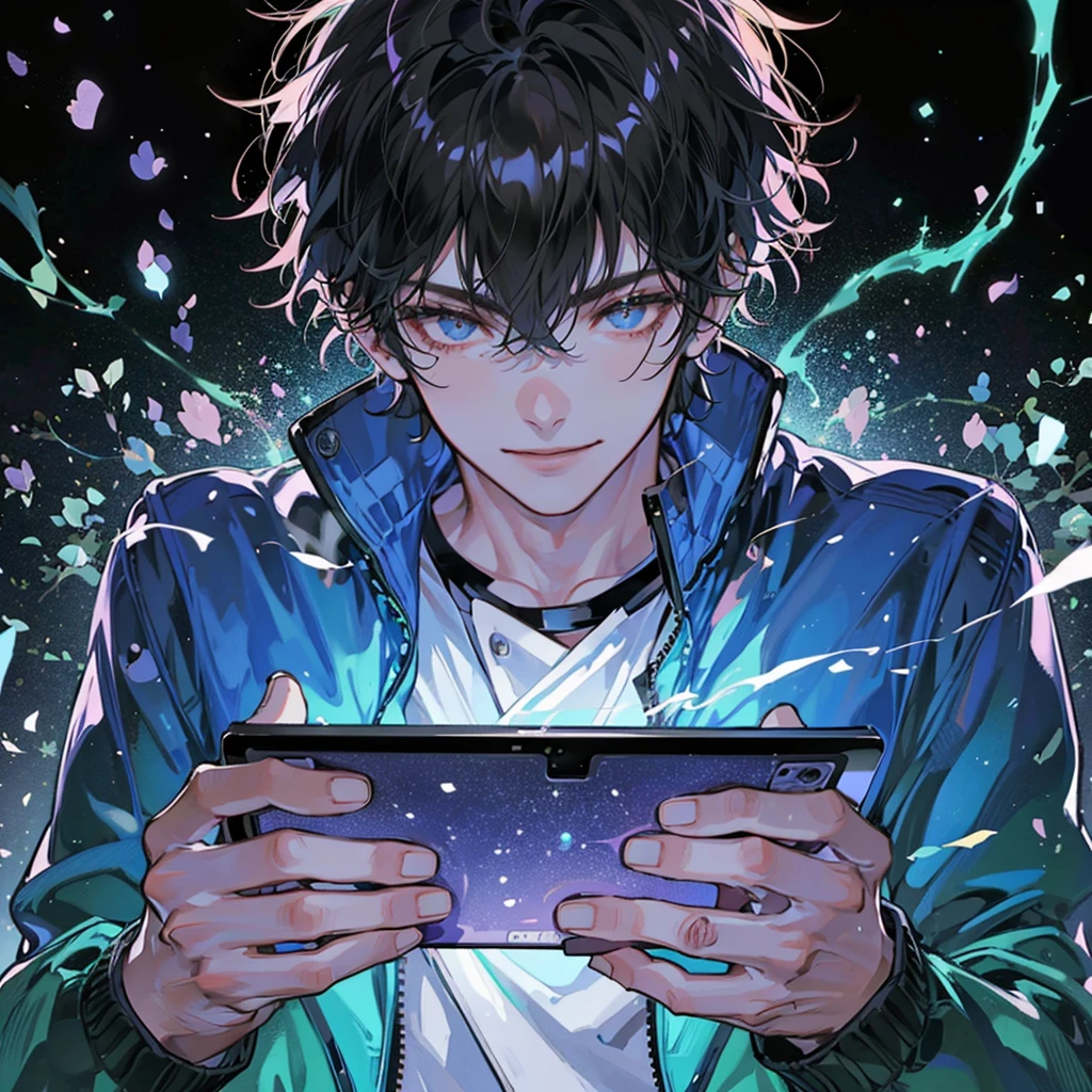 A 20-year-old handsome guy with short black hair, wearing a blue jacket, holding a game tablet in both hands, smiling evilly, lowering his head, in front of the table. Full body display, long shot, black mysterious space background, 0001-3035 anime style, most perfect details, UHD quality, highest quality, Blu-ray quality, gloss 32k