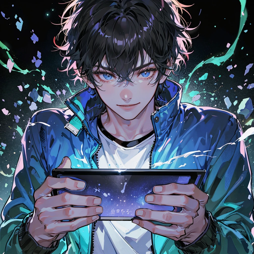 A 20-year-old handsome guy with short black hair, wearing a blue jacket, holding a game tablet in both hands, smiling evilly, lowering his head, in front of the table. Full body display, long shot, black mysterious space background, 0001-3035 anime style, most perfect details, UHD quality, highest quality, Blu-ray quality, gloss 32k