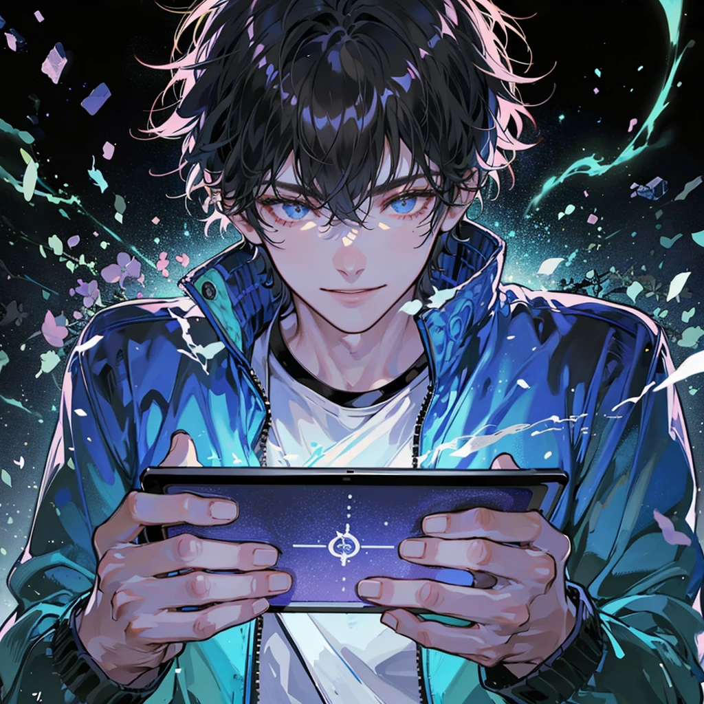 A 20-year-old handsome guy with short black hair, wearing a blue jacket, holding a game tablet in both hands, smiling evilly, lowering his head, in front of the table. Full body display, long shot, black mysterious space background, 0001-3035 anime style, most perfect details, UHD quality, highest quality, Blu-ray quality, gloss 32k