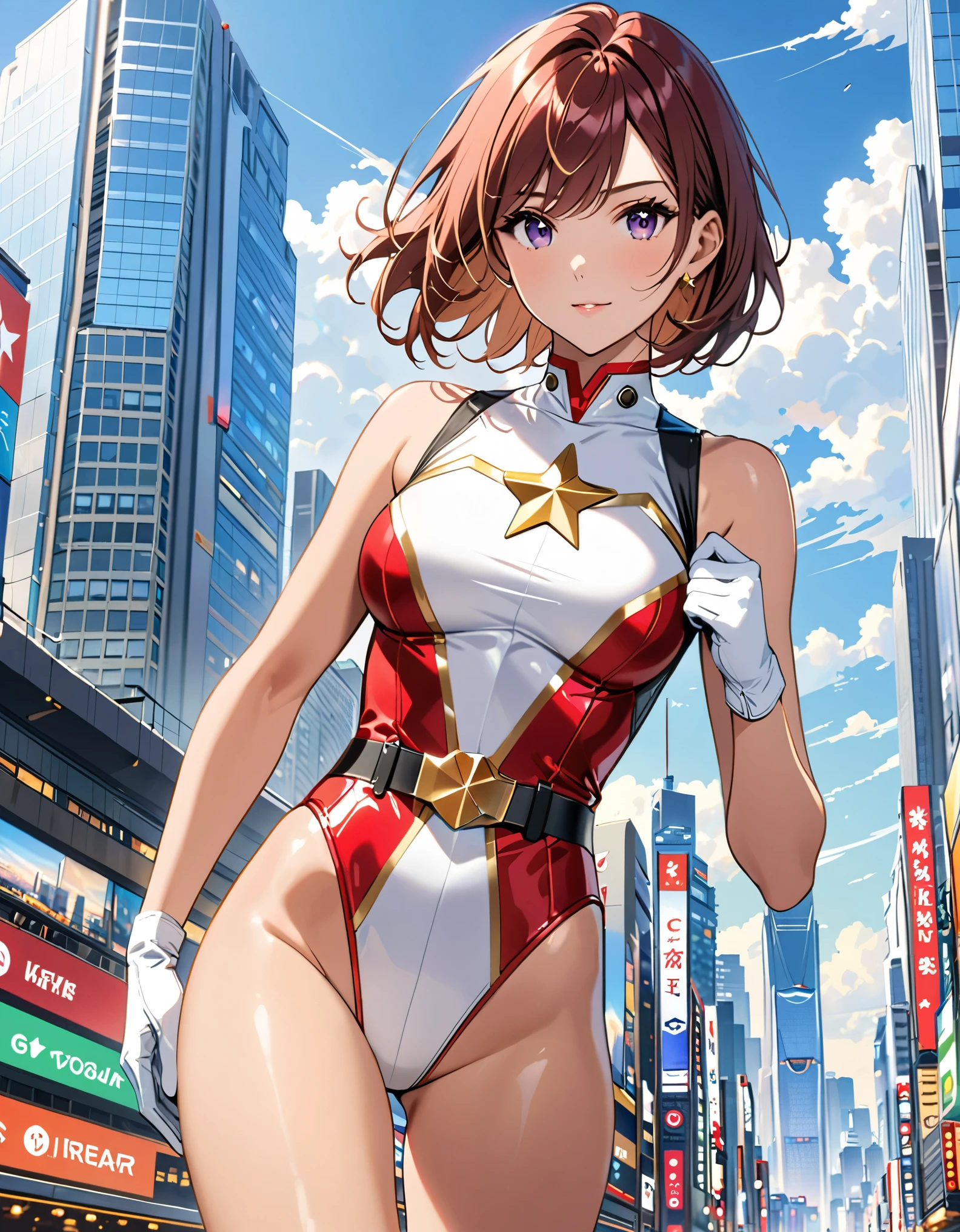 (masterpiece), (best quality), (high res), medium breasts, ((leotard, white and red leotard, matching leotard, sleeveless, bare legs)), ((tight belt, gold belt)), ((boots, matching boots, ankle-high boots, white boots)), ((gloves, white gloves)), city backdrop, tokyo city backdrop, solo, solo focus, standing, (full body), cowboy shot, superhero, ((beautiful detailed eyes)), ((gold star symbol on chest)), (brown hair, medium hair, bob hair, purple eyes), (perfect hands, perfect anatomy), cowboy shot, superhero, ((beautiful detailed eyes)), full body costume design.