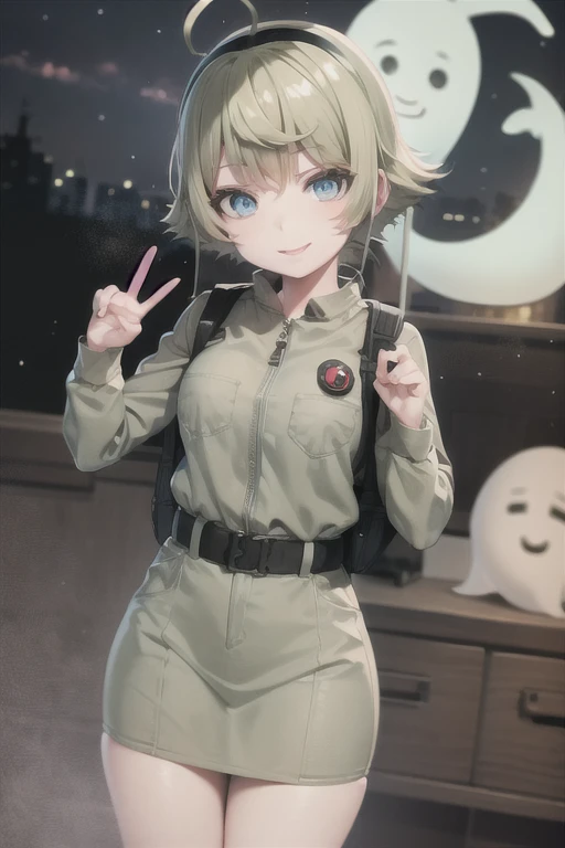 (ghostbuster uniform), khaki, takahara ayumi, hairband, wide hips short hair, large breasts, school, night, smile, 1girl, solo, 