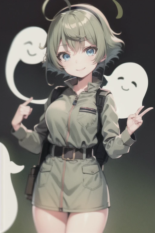 (ghostbuster uniform), khaki, takahara ayumi, hairband, wide hips short hair, large breasts, school, night, smile, 1girl, solo, 