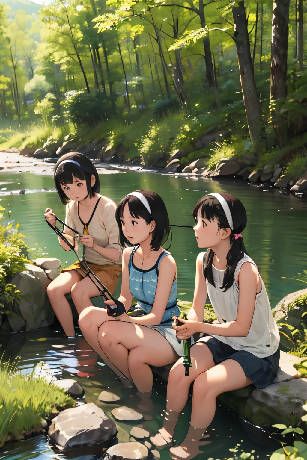 masterpiece, Highest quality,plural, Three Girls, In a beautiful river、Fish hanging、(Holding a fishing rod:1.4)、(Holding a bucket)、Water Play、Sandals, Black Hair, short hair、Long Hair, Hair ties, hair band, hair ornaments, Shorts, skirt,, dappled daylight、Outdoor, I have straw, dress, stream, nature, rock, Grassland、