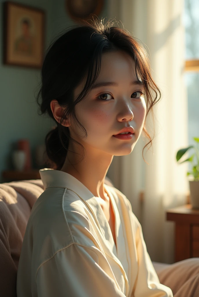 「With a well-proportioned face、Woman with natural skin texture and slight freckles。A modest smile and slightly tousled hair swaying in the natural light.。」
Asian japanese
At home