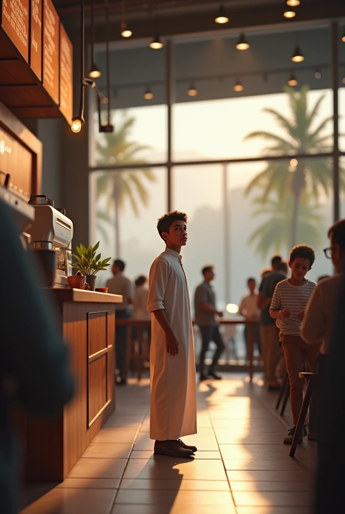 Light skin 15 yr  old male from Morocco visits USA for the first time and is in starbucks