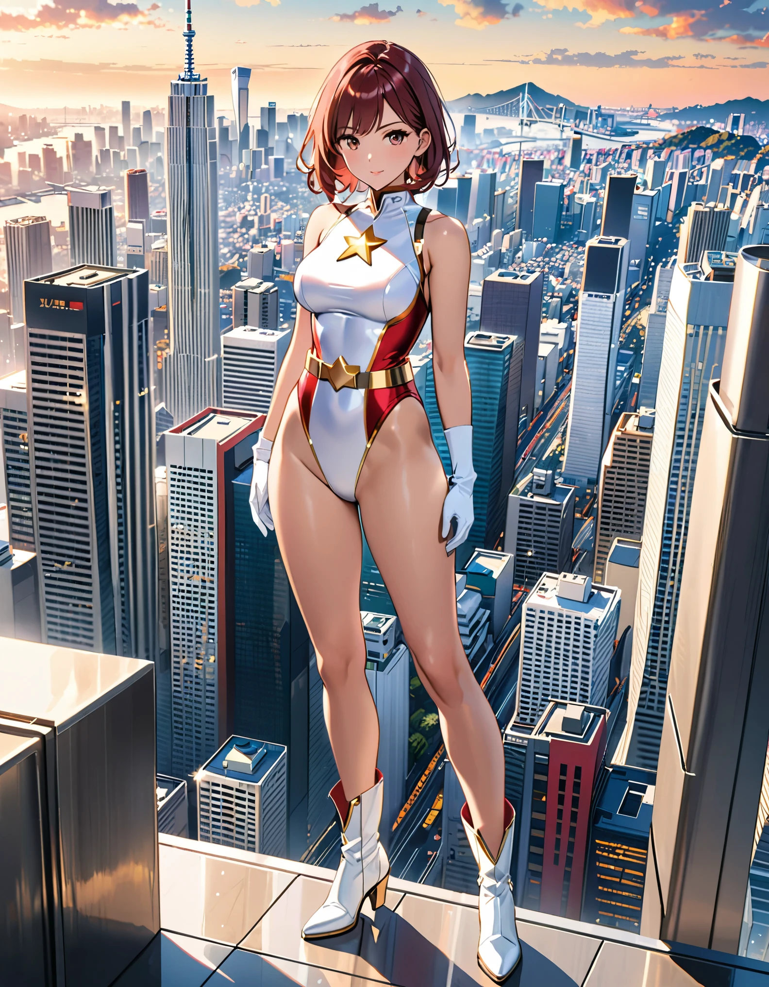 (masterpiece), (best quality), (high res), medium breasts, ((leotard, white and red leotard, matching leotard, sleeveless, bare legs)), ((tight belt, gold belt)), ((boots, matching boots, ankle-high boots, white boots)), ((gloves, white gloves)), city backdrop, tokyo city backdrop, solo, solo focus, standing, (full body), cowboy shot, superhero, ((beautiful detailed eyes)), ((gold star symbol on chest)), (brown hair, medium hair, bob hair, purple eyes), (perfect hands, perfect anatomy), cowboy shot, superhero, ((beautiful detailed eyes)), full body costume design.