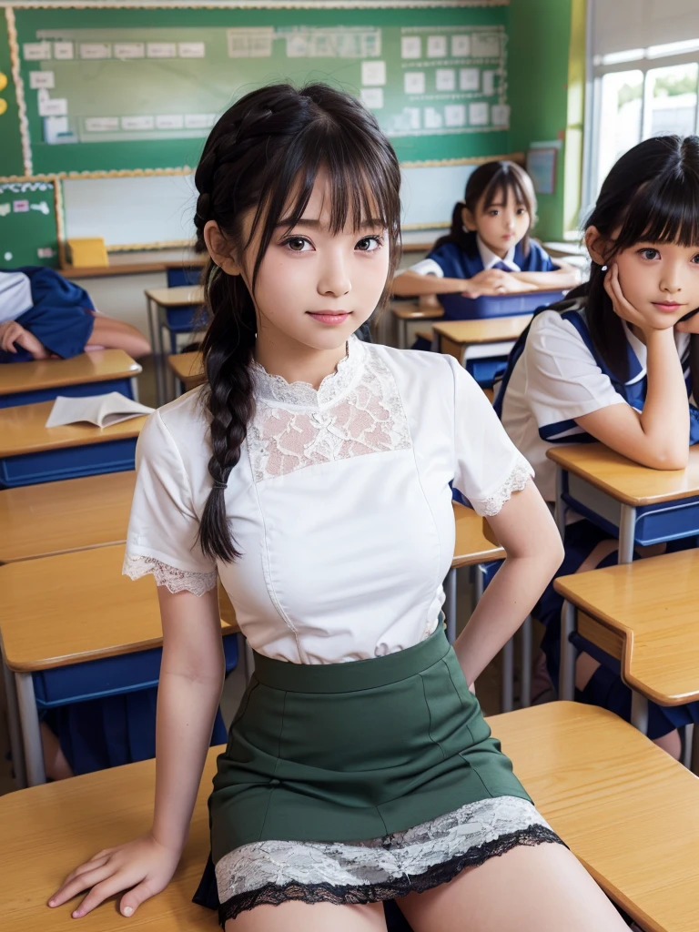 (Primary school students:1.5)、(Medium breast)、(Tight short-sleeved lace blouse)、(Lace mini skirt:1.5)、Braid、legs spread wide apart