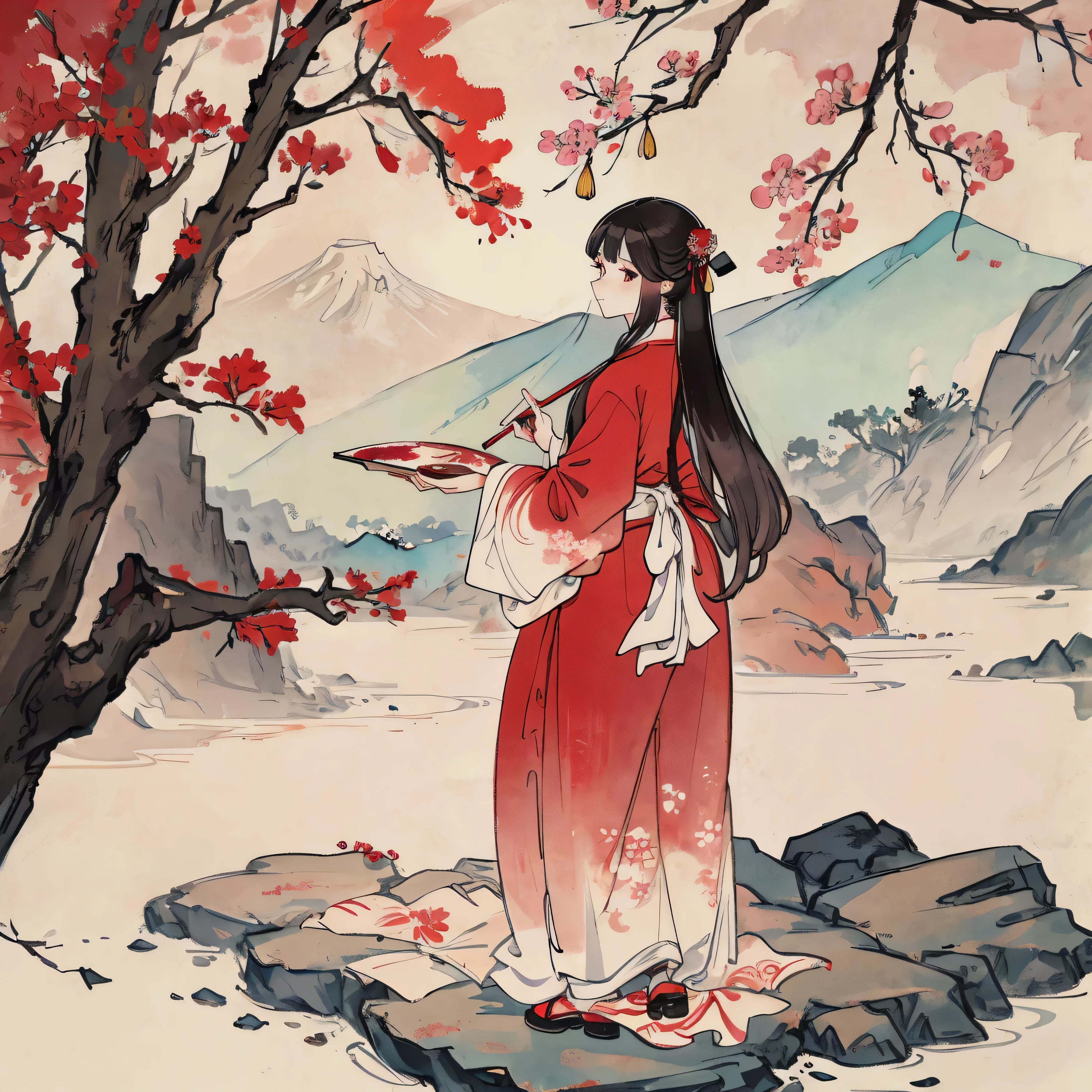 Chinese style, red and white color scheme, ink painting of characters with flowing long hair standing under the tree surrounded by ancient Chinese calligraphy forming an abstract pattern of mountains, rivers and cherry blossoms. Red sun at the top center of the composition. High resolution, high quality, exquisite details, no text or letters. Full body portrait of a female figure in a long skirt, in the style of high definition ink painting. --ar 3:4 --niji 6