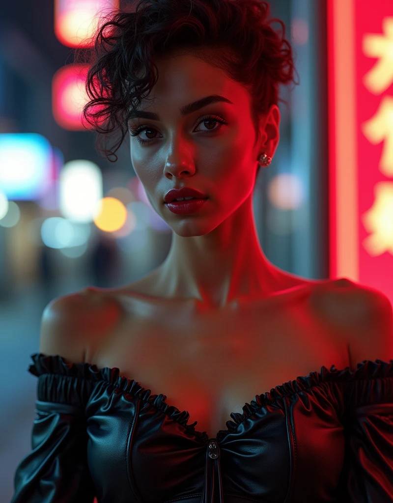 Ultra-realistic movie master pie with ultra-detailed primetime portraits, (最high quality, 8k, table top, Ultra HD)masterpiece,最high quality,high quality,High resolution,perfect dynamic composition,beauty(mixed girl)(madison ivy:0.45)(jessica alba:0.25)(Ariana Grande:0.25) in of a (1girl:1.3 22-year-old)(photo realistic)(Hyper realistic)((Fujicolor,daytime soft lighting)fashion supermodel((best high quality real texture skin)(Highly quality texture hair))((short curly hair((slicked to the two side))Intricately detailed))(perfect proportions)(anatomically correct)(perfect female body)firm normal full breasts,slim face,beautiful cheekbones(slim,swell-muscled body)(Super beautiful face)(realistic face)highly detailed face,absurd(Intricately detailed eyes)(tired and sleepy and satisfied:0.0)a woman's eye with a digital rendering,realistic eyes,perfect round eyes,finely detailed pupils,BREAK(brown_eyes)detailed lips(red_lipstick)(pink_makeup)Wear an off-the-shoulder top,full bodyesbian((Intricately detailed pleated modest leather BDSM costume))dynamic pose(((shot above the knee)))look at the viewer(Erotic)(city night)(neon sign)(night),walking,On the street
