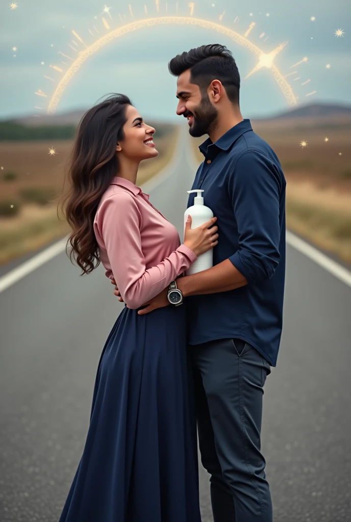 A real life beautiful Lebanese woman on a beautiful long sleeve pink shirt and navy blue long skirt with her American male partner on a navy blue attire and chinos, smiling on a long road alone, holding a large skin care lotion bottle in one hand, staring at each other affectionately without any body contact, smiling and happy, with a subtle background of stars or a compass, symbolizing their journey together being guided by destiny.

With a caption of: I Write Books on Skincare, Relationship and Destiny.