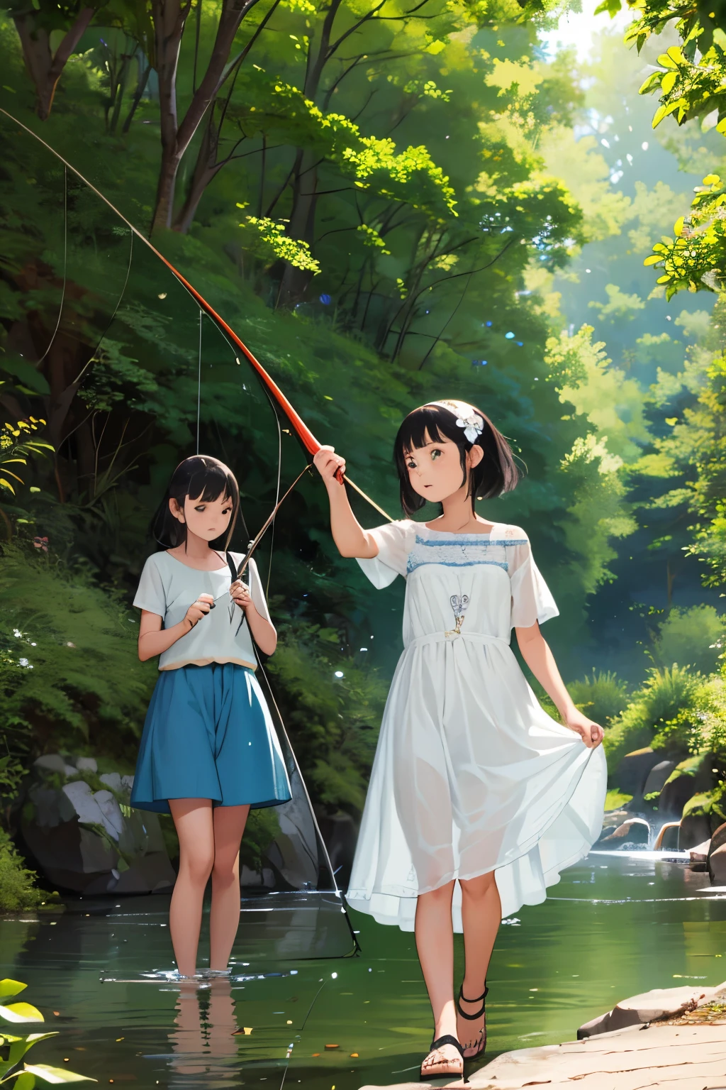 masterpiece, Highest quality,plural, Three Girls, In a beautiful river、Fish hanging、(Holding a fishing rod:1.4)、(Holding a bucket)、Water Play、Sandals, Black Hair, short hair、Long Hair, Hair ties, hair band, hair ornaments, Shorts, skirt,, dappled daylight、Outdoor, I have straw, dress, stream, nature, rock, Grassland、