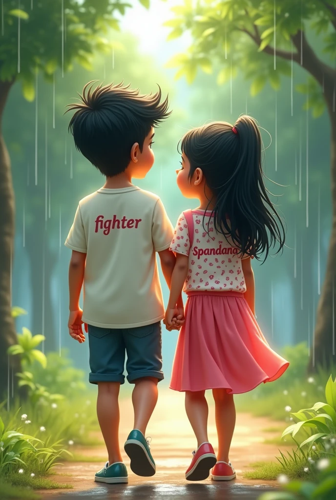 a Indian couples   younger  , walking in park , rain weather both hands in shoulder enjoying rain
 the boy is wearing a white printed  shirt , the girl with pink white mix printed shirt and without in shirt,stylish and  boy name with "FIGHTER" small written on it's back , girl name with "SPANDANA" small written on it's back ,  in big and bold fonts, 3d illustration 
