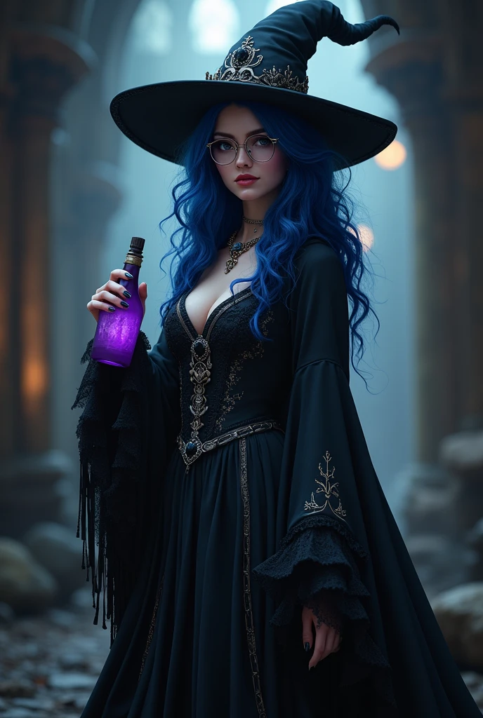 A medieval witch, with hat, beautiful, sexy, dressed in black, blue hair, with glasses, a nose piercing, and a purple bottle in his hand.