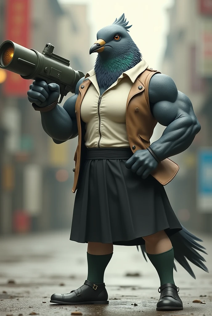 A gray female pigeon wearing an off-white collared short-sleeved shirt, a light brown vest, a knee-length black skirt, dark green socks and black shoes.、Grey female pigeon with muscles like a bodybuilder shooting a bazooka