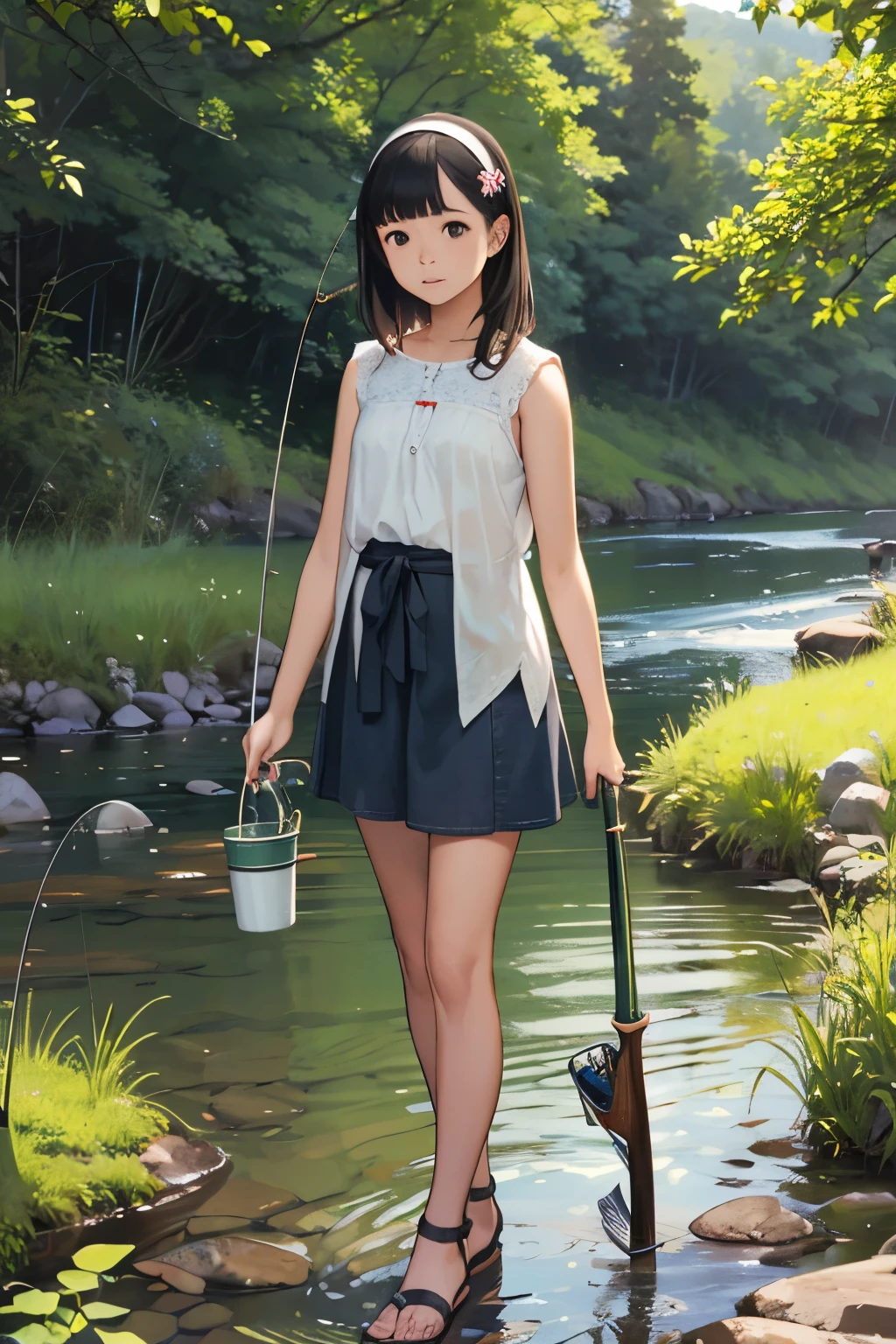 masterpiece, Highest quality,plural, Three Girls, In a beautiful river、Fish hanging、(Holding a fishing rod:1.4)、(Holding a bucket)、Water Play、Sandals, Black Hair, short hair、Long Hair, Hair ties, hair band, hair ornaments, Shorts, skirt,, dappled daylight、Outdoor, I have straw, dress, stream, nature, rock, Grassland、