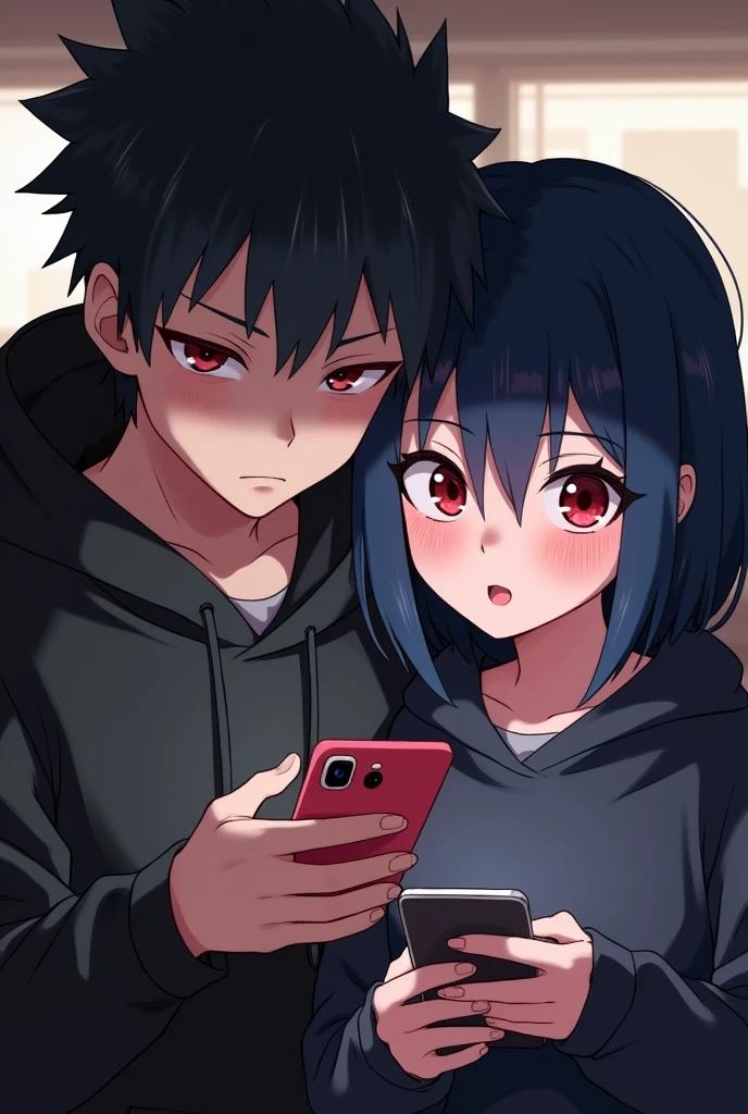 A boy ((( Anime boy , Spiky hair , black hair , black hoodie , blood red eyes , narrowed eye
 ))) , A girl ((( Anime girl , dark blue hair , modern day mullet hair style , black hoodie , red eyes , almond eye
 ))) , playing phone , siblings