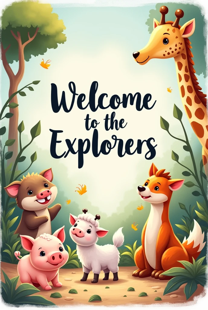 Create a poster WITH different cute  animals farm style, Forest, savannah, ocean. And write WITHOUT MISTAKES on the poster "welcome to the explorers"