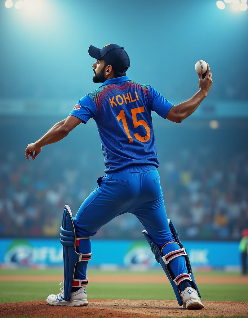 Cricket player Virat Kohli in blue jersey with INDIA written on the back and white sneakers pitching from behind,drop shadow, anaglyph, stereogram, tachi-e, ass pov, atmospheric perspective, 8k, super detail, best quality