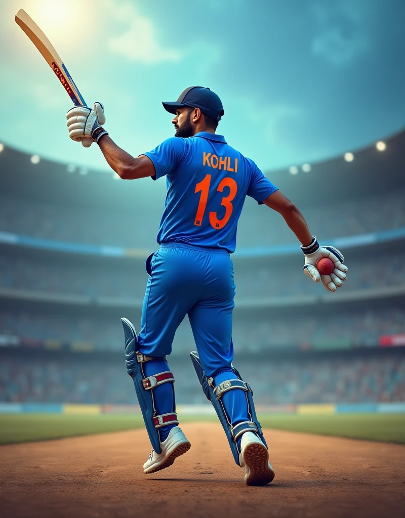 Cricket player Virat Kohli in blue jersey with INDIA written on the back and white sneakers pitching from behind,drop shadow, anaglyph, stereogram, tachi-e, ass pov, atmospheric perspective, 8k, super detail, best quality