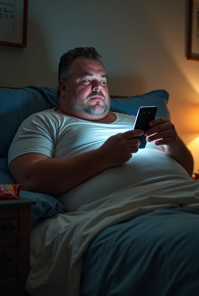 Generate a picture of an obese man who is watching youtube on his phone in his bedroom