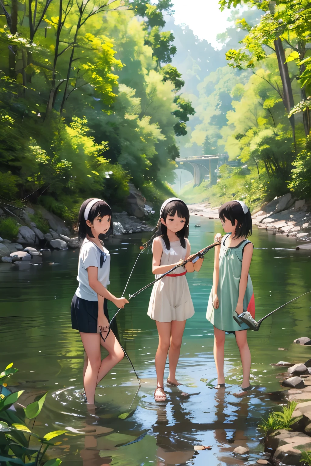 masterpiece, Highest quality,plural, Three Girls, In a beautiful river、Fish hanging、(Holding a fishing rod:1.4)、(Holding a bucket)、Water Play、Sandals, Black Hair, short hair、Long Hair, Hair ties, hair band, hair ornaments, Shorts, skirt,, dappled daylight、Outdoor, I have straw, dress, stream, nature, rock, Grassland、