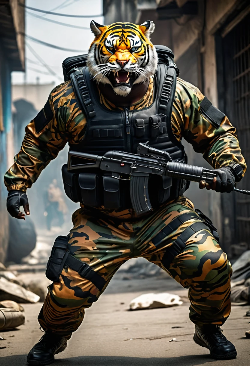 (a dark-skinned fat muscular old man in a skintight army camouflage zipper diver suit) carrying an AK-47, (wearing a small-sized realistic roaring tiger mask), dynamic action pose, fierce expression, showcasing an imposing stature, surrounded by military elements, dramatic shadows and intense highlights, cinematic color tones, high detail, powerful, art influenced by Bruce Onobrakpeya and Stanley Artgerm, ultra-detailed, best quality image, action-packed atmosphere. 