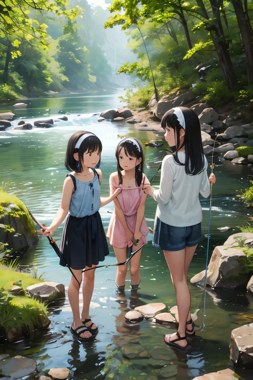masterpiece, Highest quality,plural, Three Girls, In a beautiful river、Fish hanging、(Holding a fishing rod:1.4)、(Holding a bucket)、Water Play、Sandals, Black Hair, short hair、Long Hair, Hair ties, hair band, hair ornaments, Shorts, skirt,, dappled daylight、Outdoor, I have straw, dress, stream, nature, rock, Grassland、