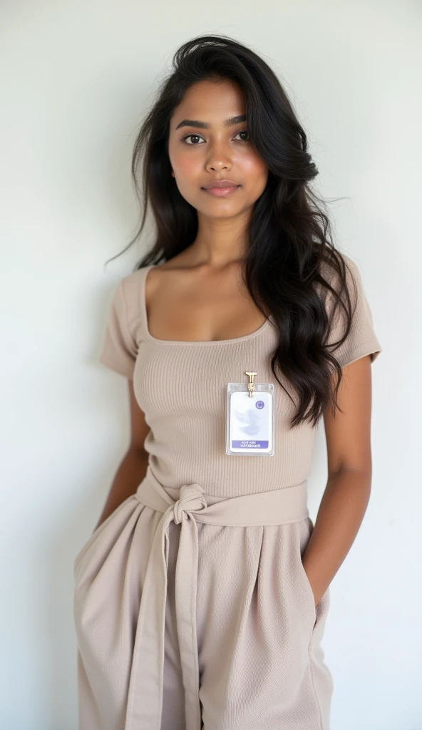 A cute 20 years old indian girl photoshoot , white wall background , simple pose , rough dry face skin , full body view , modern dress with id card
