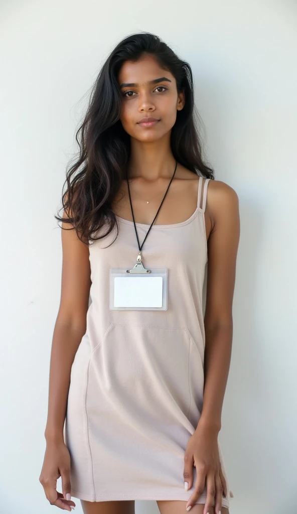 A cute 20 years old indian girl photoshoot , white wall background , simple pose , rough dry face skin , full body view , modern dress with id card