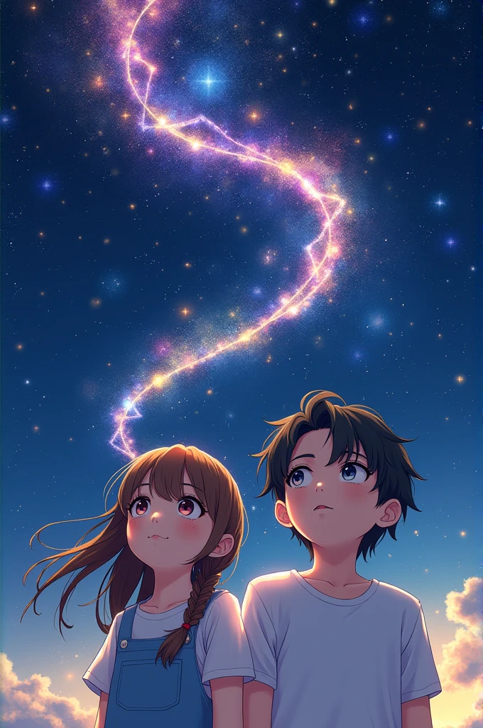 Create a girl with Japanese features, Brown hair with bangs and eyes of the same color but dark. On the side, a boy with French features, brown hair approaching black and blue eyes. Both watching the stars, while a galaxy-colored ribbon unites them.