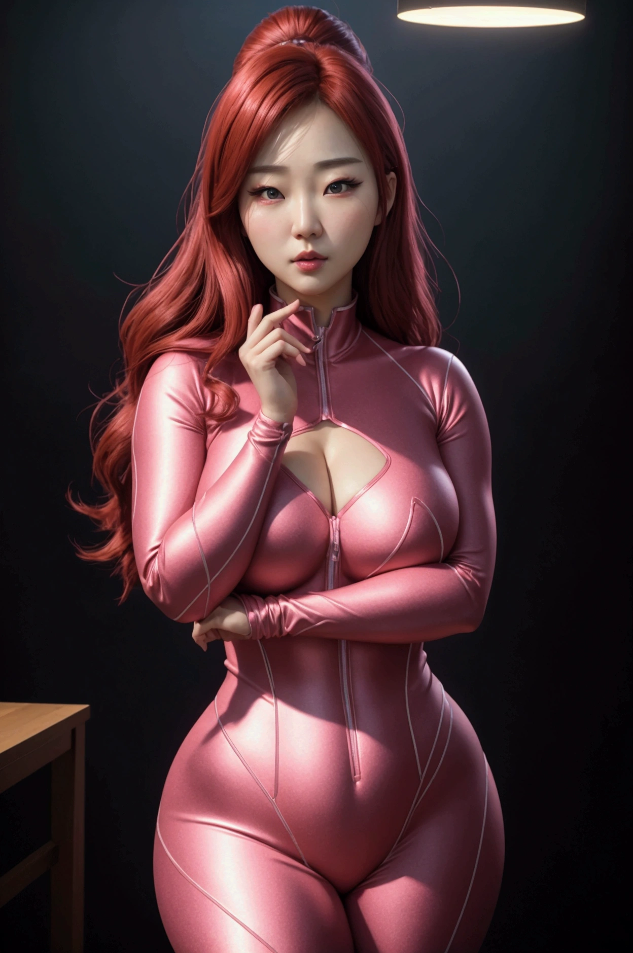 a beautiful korean woman, wearing a pink costume, superhero, tight clothing, redhead, curvy hips, busty, standing, frontal 3/4 body view, (best quality,4k,8k,highres,masterpiece:1.2),ultra-detailed,(realistic,photorealistic,photo-realistic:1.37),vibrant colors,dramatic lighting,cinematic composition, small face, cute face.