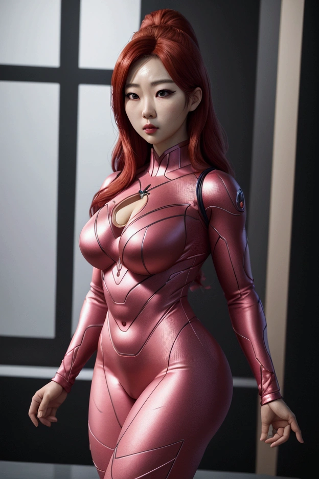 a beautiful korean woman, wearing a pink costume, superhero, tight clothing, redhead, curvy hips, busty, standing, frontal 3/4 body view, (best quality,4k,8k,highres,masterpiece:1.2),ultra-detailed,(realistic,photorealistic,photo-realistic:1.37),vibrant colors,dramatic lighting,cinematic composition, small face, cute face.