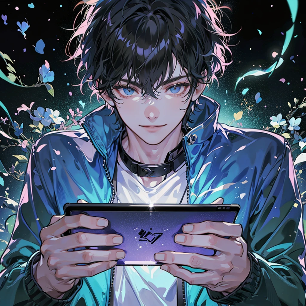 A 20-year-old handsome guy with short black hair, wearing a blue jacket, holding a game tablet in both hands, smiling evilly, lowering his head, in front of the table. Full body display, long shot, black mysterious space background, 0001-3035 anime style, most perfect details, UHD quality, highest quality, Blu-ray quality, gloss 32k