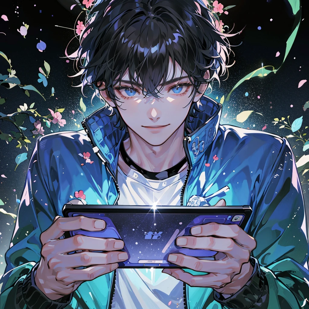 A 20-year-old handsome guy with short black hair, wearing a blue jacket, holding a game tablet in both hands, smiling evilly, lowering his head, in front of the table. Full body display, long shot, black mysterious space background, 0001-3035 anime style, most perfect details, UHD quality, highest quality, Blu-ray quality, gloss 32k