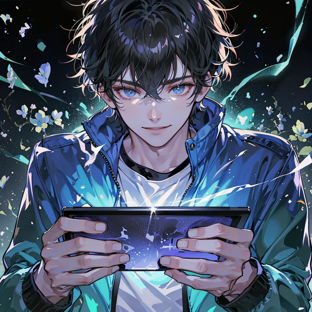 A 20-year-old handsome guy with short black hair, wearing a blue jacket, holding a game tablet in both hands, smiling evilly, lowering his head, in front of the table. Full body display, long shot, black mysterious space background, 0001-3035 anime style, most perfect details, UHD quality, highest quality, Blu-ray quality, gloss 32k