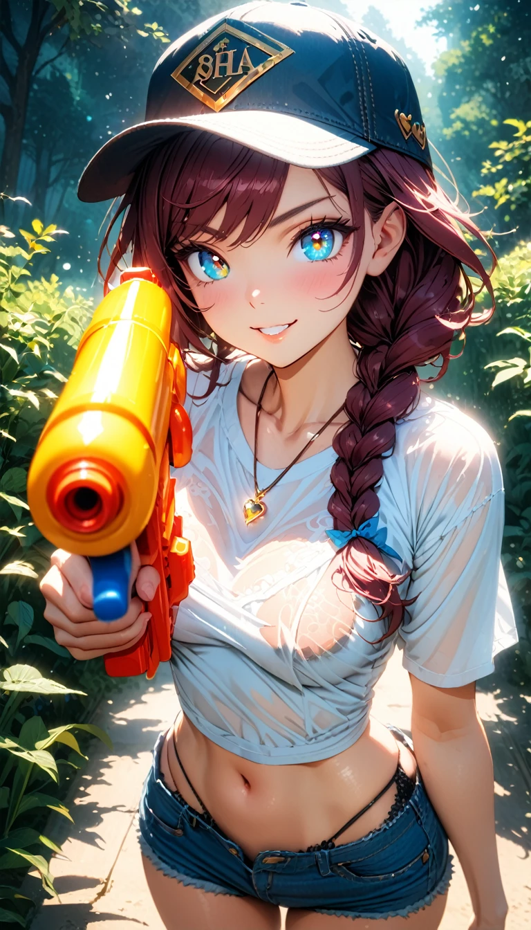 (masterpiece, very aesthetic:1.4), best quality, incredibly absurdres, Accurate, intricate, 8K, stunning, stylized, 
ultra-detailed, (incredibly detailed:1.2), fine texture, 
cinematic, recent, (vibrant:1.2), (clear pictures, clean lines, crisp edges), illustration, (soft lighting:1.2), 
cowboy shot, 
BREAK 
1 beautiful girl, 18yo, small face, beautiful detailed face, narrow waist, The beauty and danger of growing from a girl to an adult, A symbol of miraculous beauty, Graceful posture, sensual, bewitching woman, (medium breasts:0.8), 
(burgundy hair, a long single braid hair:1.4), asymmetrical bangs, smooth hair, 
BREAK 
(aqua blue eyes), black oblong pupils, (slant eyes, glass-like sparkling eyes are blurry and dreamy, beautiful detailed eyes, growing eyes, long delicate eyelashes, Meticulous Eyelash Details), 
BREAK 
(black lace bra:0.7), 
(see-through wet:0.3) white t-shirt, 
(denim shorts over black thong:1.2), 
baseball cap, 
(a tiny heart-shaped golden colored ring pendant:1.4), 
BREAK 
sunny afternoon, 
A vast, lush green park, wide open lawns, 
The scene is a mix of bright light and deep shadows, emphasizing the scorching heat and the refreshing moment, 
(standing on the laws:1.4), 
a water gun shoots out water at the moment, 
(pointing the water gun at the viewer:1.4), 
BREAK 
gorgeous lips, natural pink lips, beautiful detailed lips, Glossy, 
(grin:1.2),  perfect eyes, 